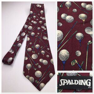 Vintage Spalding Mens Silk Golf Print Necktie Maroon Tie Made In USA